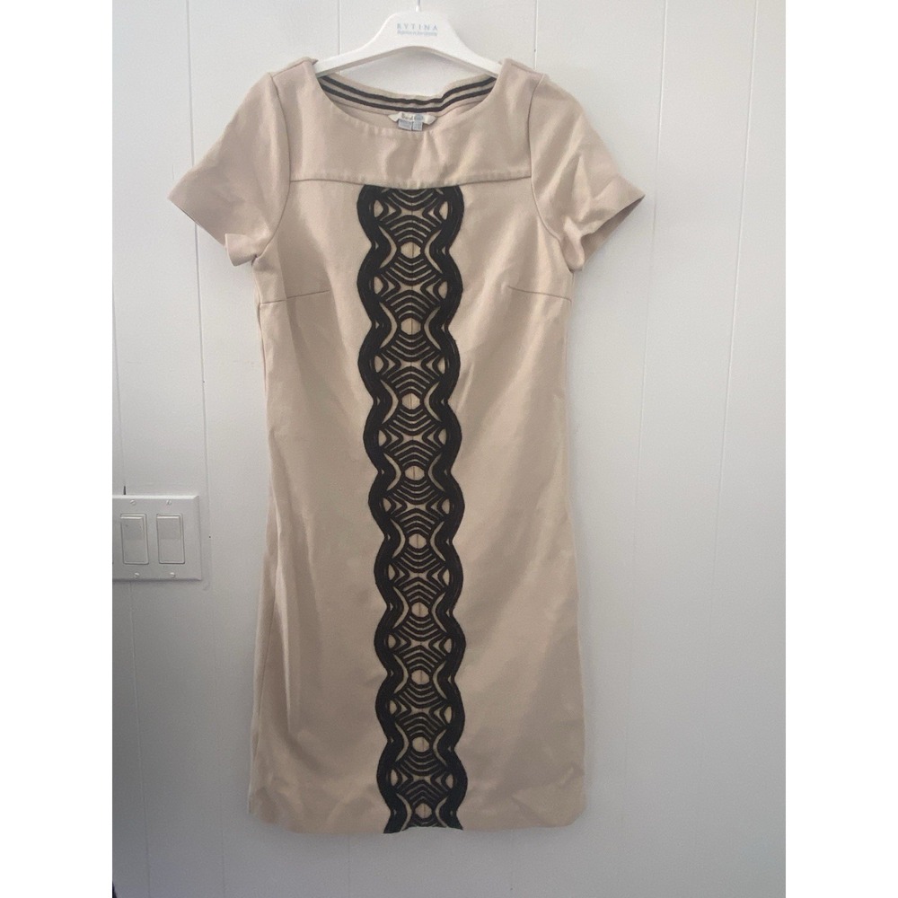 Boden Beige Sheath Dress Beige Black Lace Center Panel Striped Ribbed Collar 4